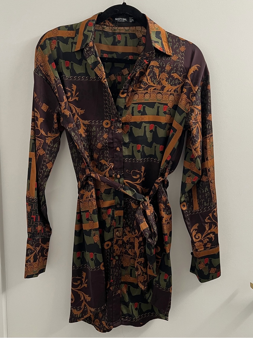 Button-Up Belted Shirt Dress in Olive, Brown & Gold Print